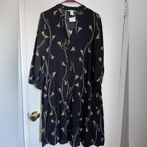 H&M Black Midi Button down mandarin collar Sundress with Gold Tassel Print